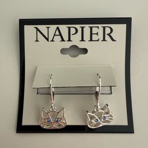 Napier Silver Cat Earrings with Blue Details